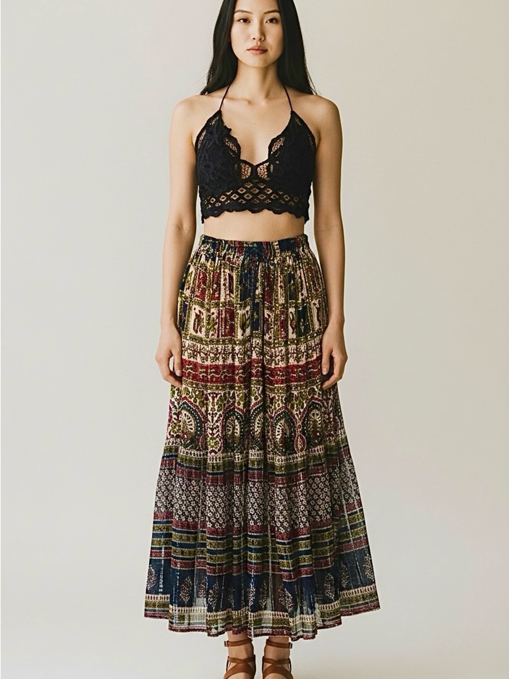 90s Rayon Gauze Hippie Festival India Block Print Metallic Silver Full Skirt  OS